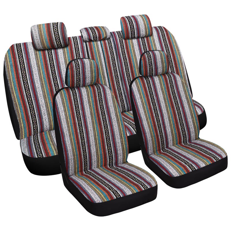 VarCozy Baja Saddle Blanket Seat Covers Full Set Front Seat Covers and Split Rear Bench Seat Covers for Sedan SUV Truck Universal Stripe Woven Automotive Seat CoverBreathable Airbag Compatible
