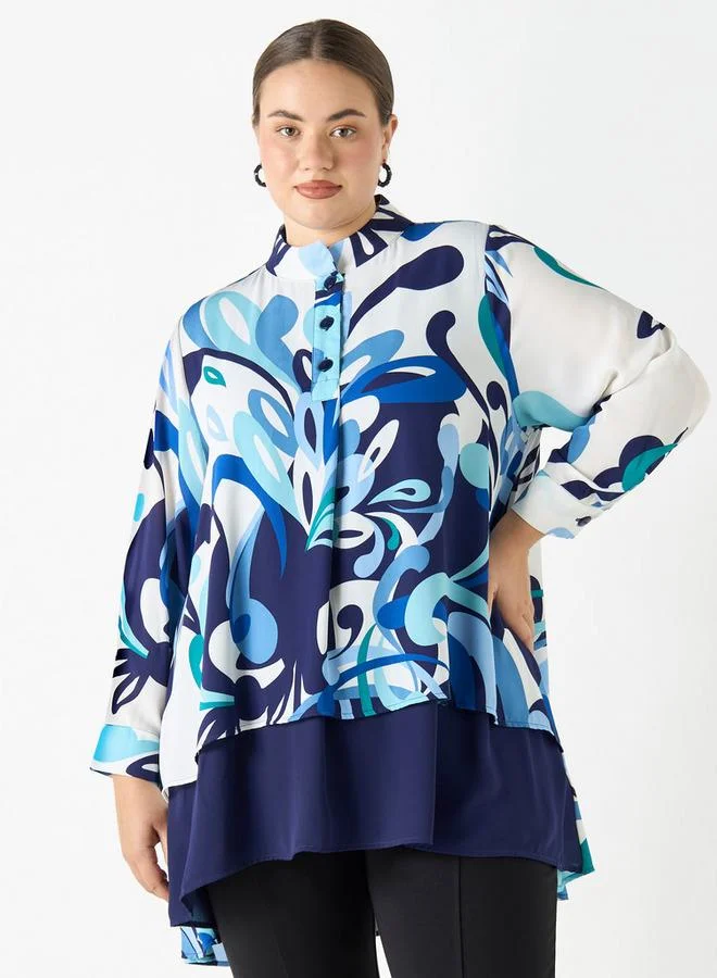 Ulla Popken Plus Size Ulla Popken All-Over Print High Low Top with Long Sleeves