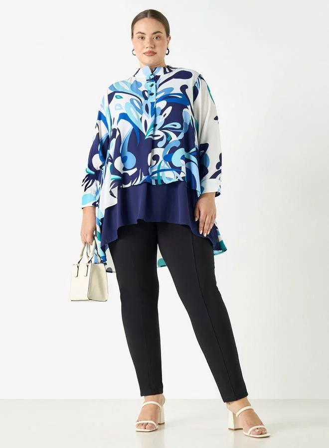 Ulla Popken Plus Size Ulla Popken All-Over Print High Low Top with Long Sleeves