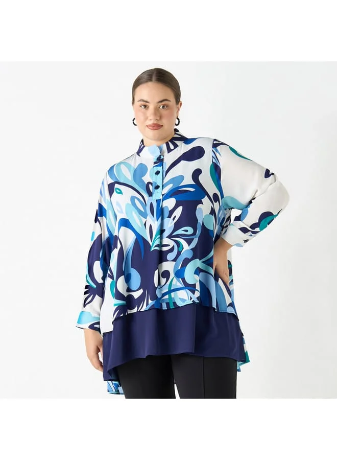 Ulla Popken Plus Size Ulla Popken All-Over Print High Low Top with Long Sleeves