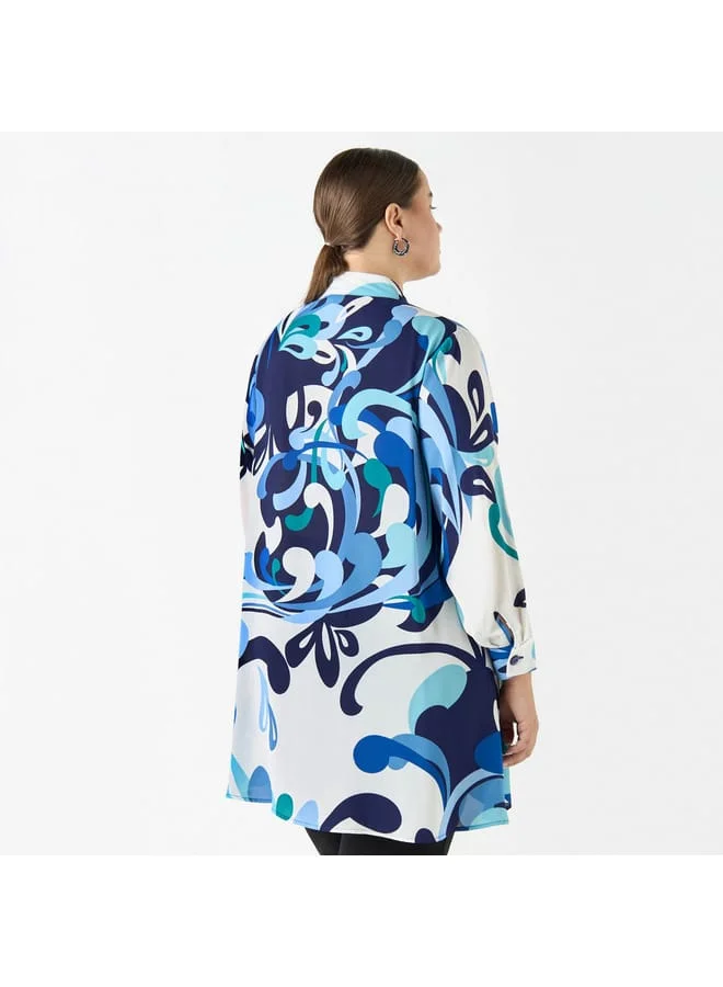 Ulla Popken Plus Size Ulla Popken All-Over Print High Low Top with Long Sleeves