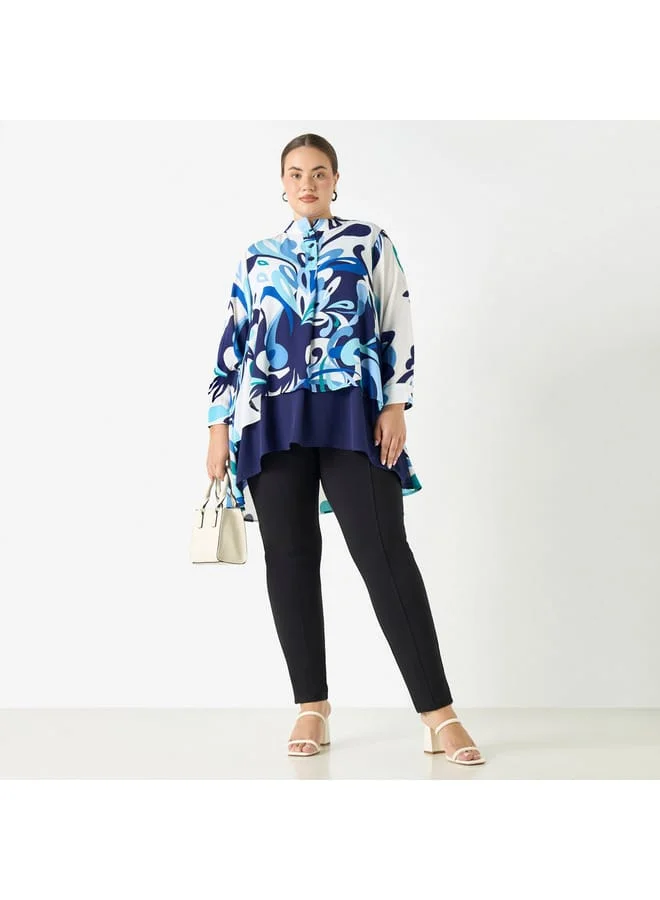 Ulla Popken Plus Size Ulla Popken All-Over Print High Low Top with Long Sleeves