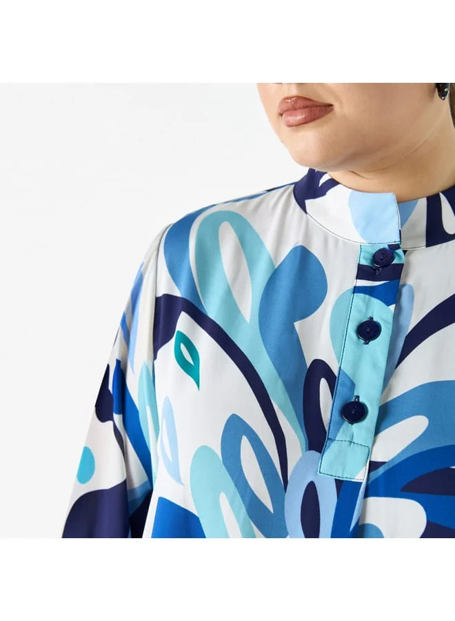 Ulla Popken Plus Size Ulla Popken All-Over Print High Low Top with Long Sleeves