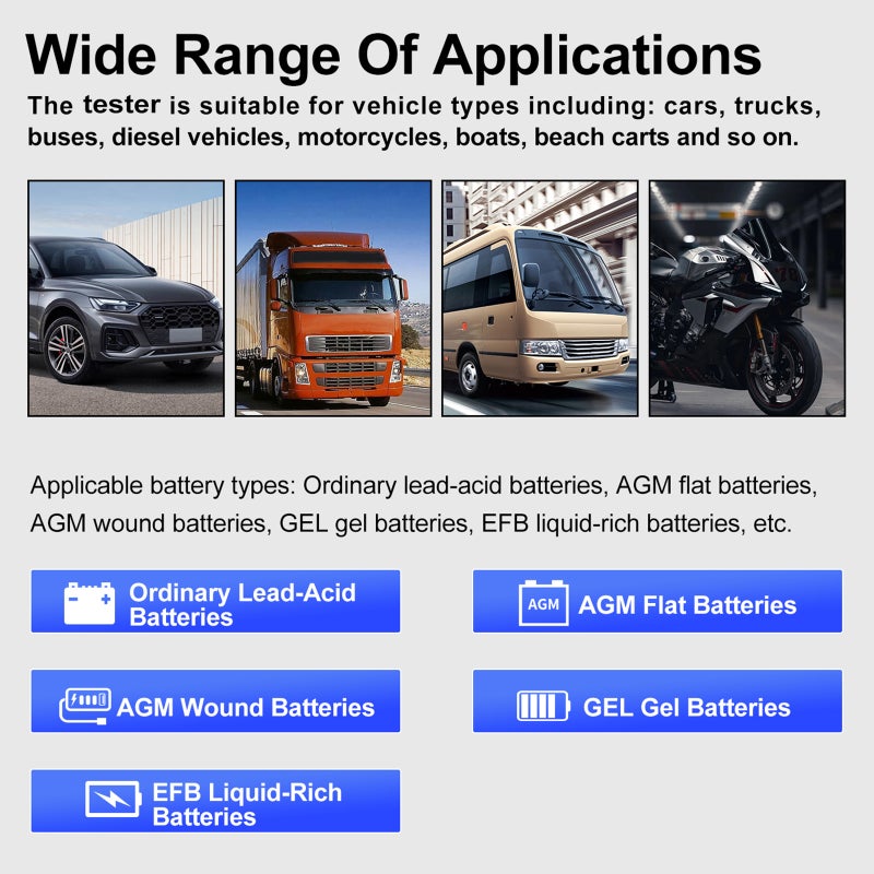 12V24V Car Battery Tester Automotive Battery Tester 20-2000 CCA 10AH-300AH Lead-acid AGM Flat  AGM Wound GEL Gel Batteries Tester 2.4-inch TFT Color Screen Display for Cars, Trucks, Buses, Diesel - Image 5