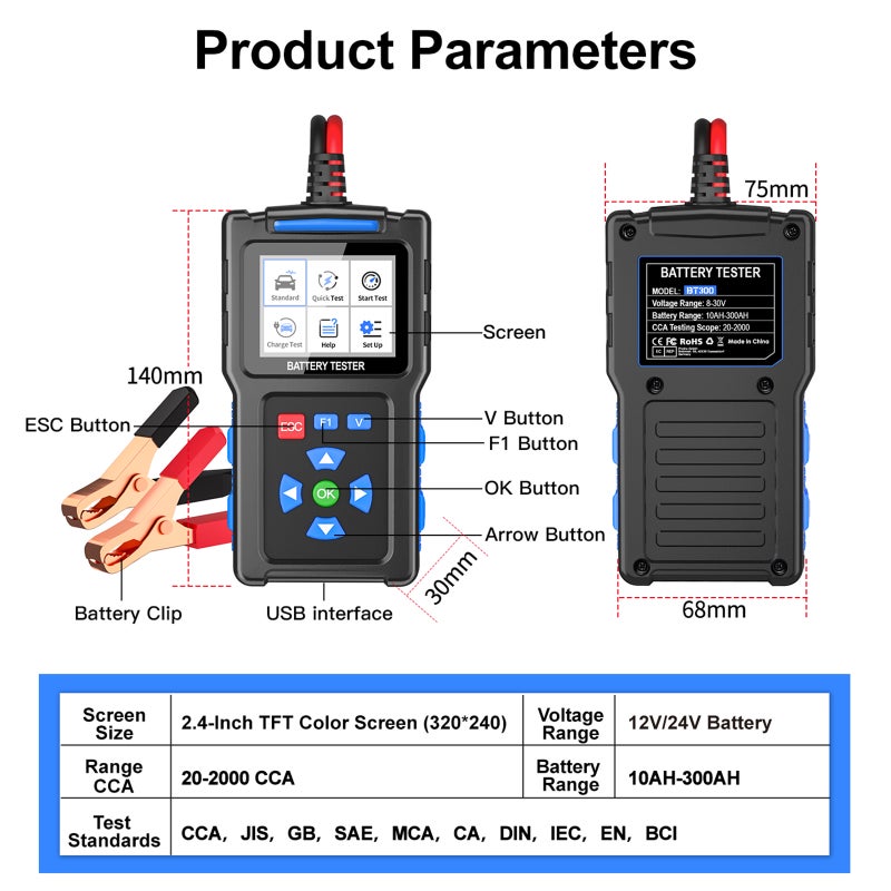 12V24V Car Battery Tester Automotive Battery Tester 20-2000 CCA 10AH-300AH Lead-acid AGM Flat  AGM Wound GEL Gel Batteries Tester 2.4-inch TFT Color Screen Display for Cars, Trucks, Buses, Diesel - Image 2