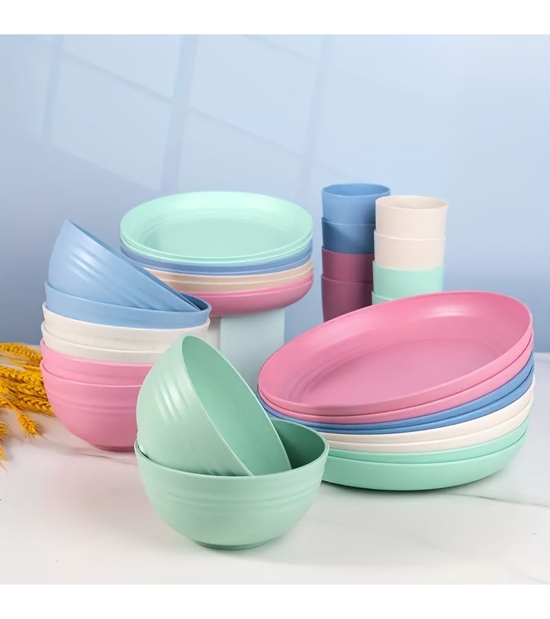 28pcs Lightweight Shatterproof Plastic Tableware Set Four Color Mix Microwave and Dishwasher Safe Reusable Plates Bowls Cups Spoons Forks Knives for Weddings Picnics Camping or Home Use - Image 2