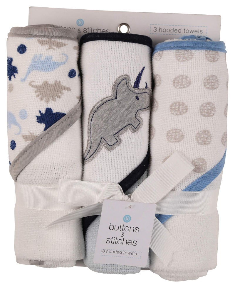 Cudlie Buttons and Stitches Baby Boys 3 Pack Infant Hooded Towel Triceratops Prints GS71365