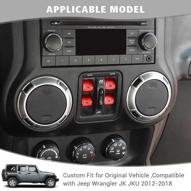 Jimen for JK Window Button Covers, 4PCS Center Console Window Switch Cover Interior Trim Kits Compatible with Jeep Wrangler JK & Unlimited 2012-2018, Aluminum Alloy (Red) - Image 2