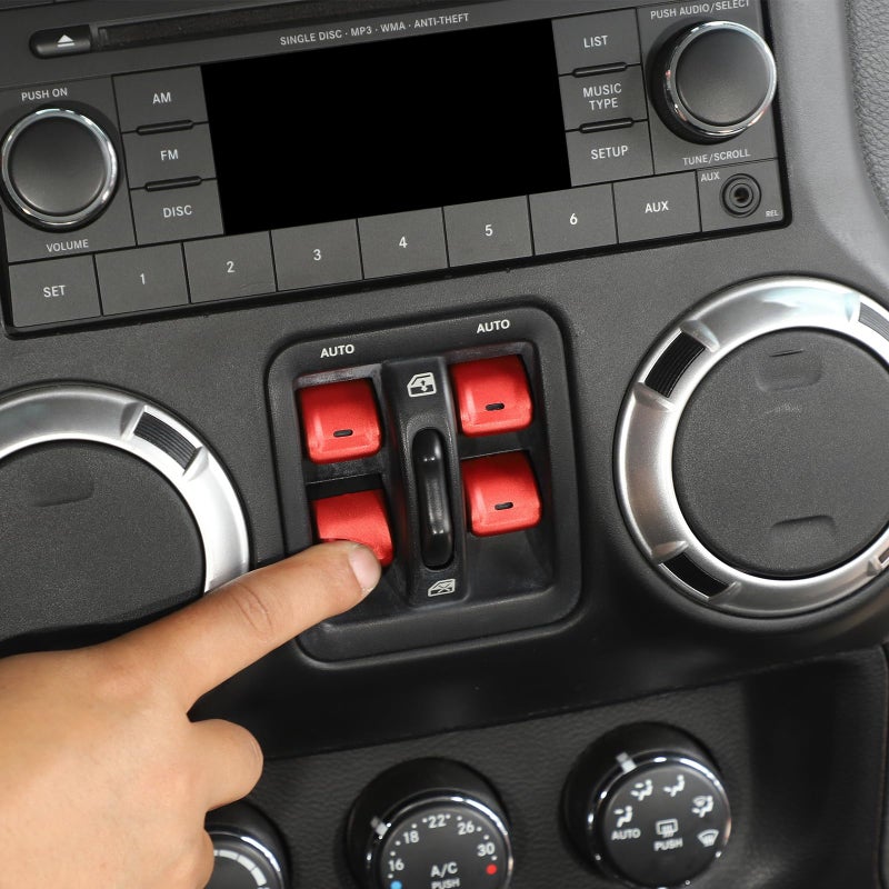 Jimen for JK Window Button Covers, 4PCS Center Console Window Switch Cover Interior Trim Kits Compatible with Jeep Wrangler JK & Unlimited 2012-2018, Aluminum Alloy (Red) - Image 5