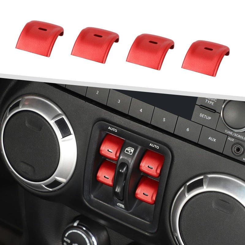 Jimen for JK Window Button Covers, 4PCS Center Console Window Switch Cover Interior Trim Kits Compatible with Jeep Wrangler JK & Unlimited 2012-2018, Aluminum Alloy (Red) - Image 1