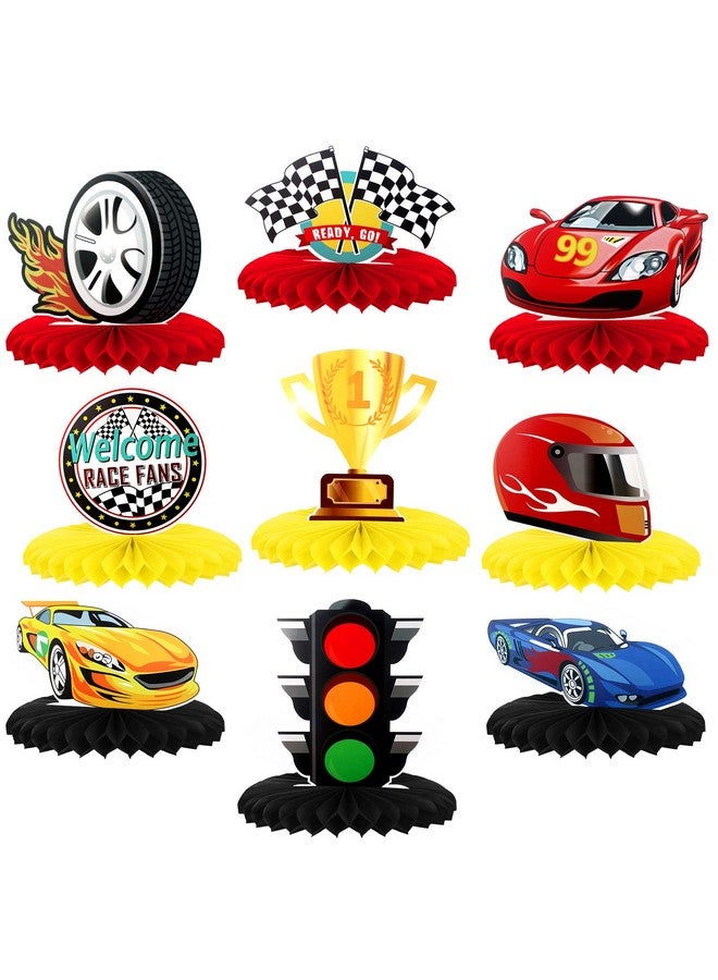 انباجي 9 قطع من ديكورات حفلات سباق السيارات، قطع مركزية على شكل قرص العسل لسيارات السباق، ديكور طاولة حفلات السباق، سيارات ذات وجهين، دعائم كشك الصور لحفلات أعياد الميلاد، لوازم حفلات سباق السيارات - Image 1