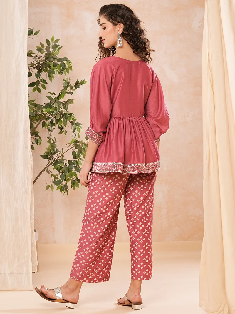 globus Women Round Neck Peplum Tunic With Printed Trousers Co-Ords