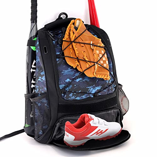 WOLT | Youth Baseball Bag - Bat Backpack for T-Ball & Softball Equipment & Gear, Bat & Glove Holder, Large Main Compartment for Helmet & accessories, Separate Shoes Compartment, Fence Hook (CamoBlue) - Image 1