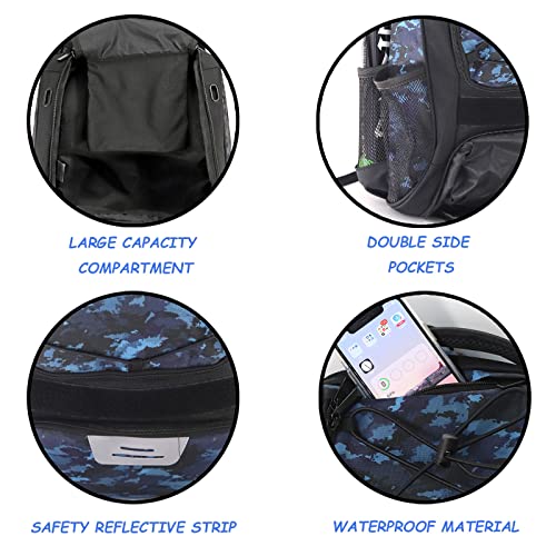 WOLT | Youth Baseball Bag - Bat Backpack for T-Ball & Softball Equipment & Gear, Bat & Glove Holder, Large Main Compartment for Helmet & accessories, Separate Shoes Compartment, Fence Hook (CamoBlue) - Image 5
