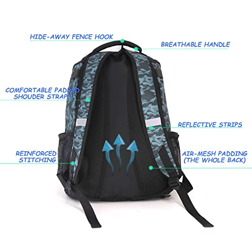 WOLT | Youth Baseball Bag - Bat Backpack for T-Ball & Softball Equipment & Gear, Bat & Glove Holder, Large Main Compartment for Helmet & accessories, Separate Shoes Compartment, Fence Hook (CamoBlue) - Image 4