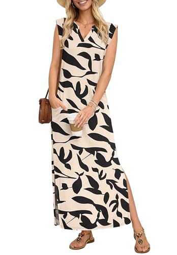 AUSELILY Sundresses for Women Wrinkle Free Casual Travel V Neck Split Sleeveless Loose Long Maxi Dress with Pockets 2026 Apricot Black Leaf L - Image 1