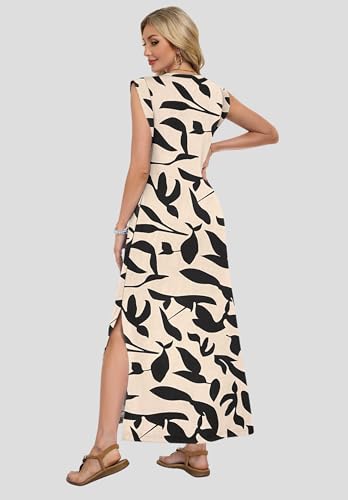AUSELILY Sundresses for Women Wrinkle Free Casual Travel V Neck Split Sleeveless Loose Long Maxi Dress with Pockets 2026 Apricot Black Leaf L - Image 5