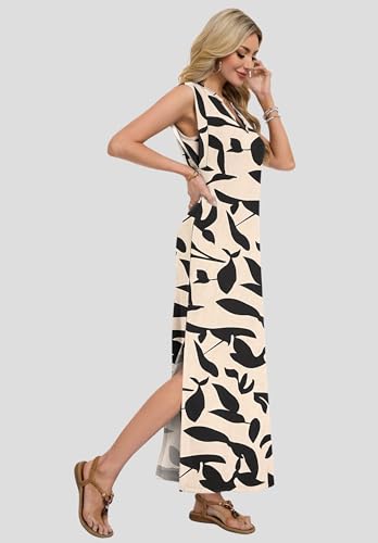 AUSELILY Sundresses for Women Wrinkle Free Casual Travel V Neck Split Sleeveless Loose Long Maxi Dress with Pockets 2026 Apricot Black Leaf L - Image 4