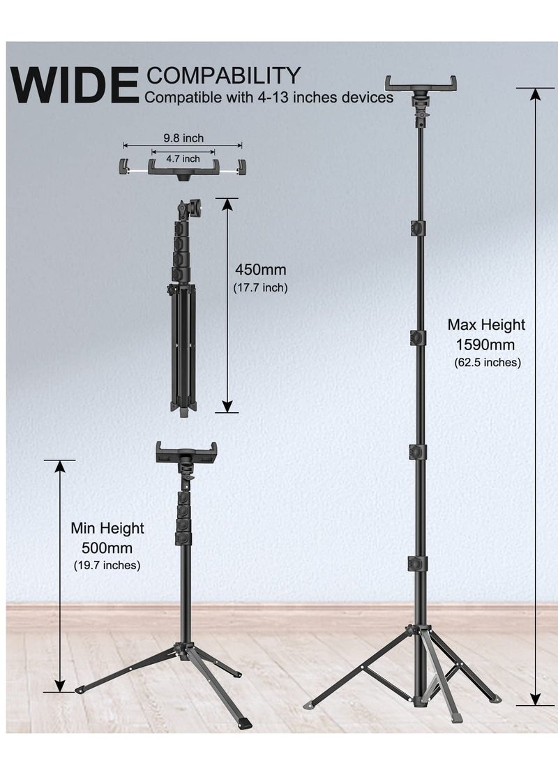 ELTRAZONE Tablet Floor Tripod Stand 62 inch Height Adjustable Holder with 360° Rotating Phone Tripod Mount & 1/4'' Screw for iPad Pro 12.9 Air Mini, iPhone, 4-13" Tablet & Cell Phones - Image 2