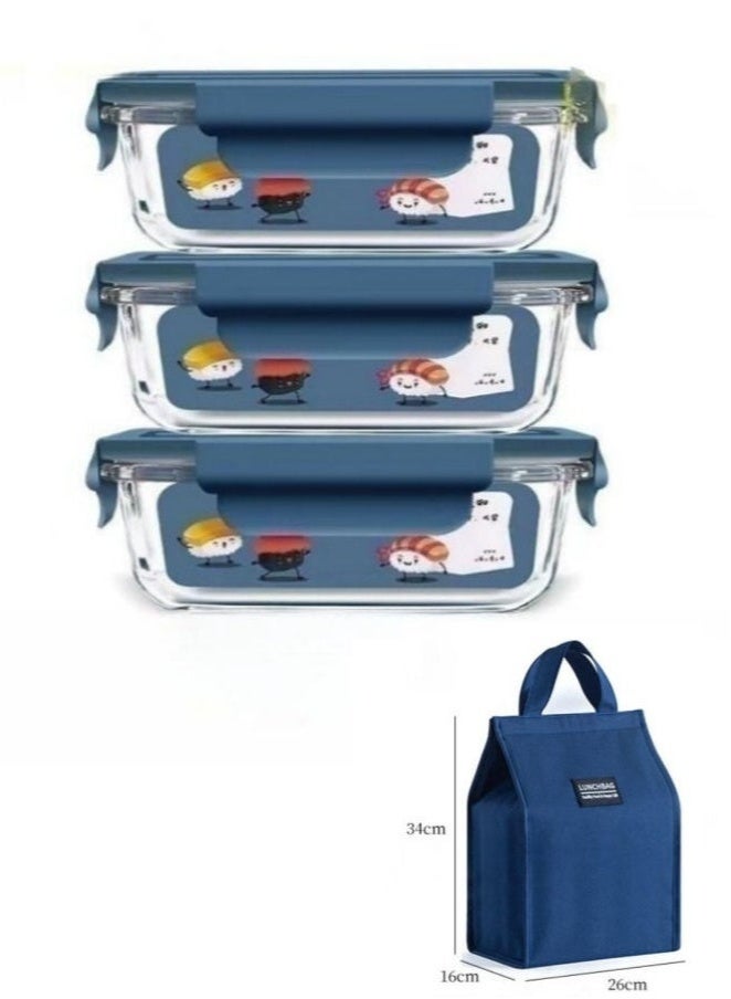 MIXDE 3 Piece Microwave Heating High Borosilicate Glass Lunch Box Glass Bowls 1000ml, 960ml, 700ml with Insulation Bag - Image 1