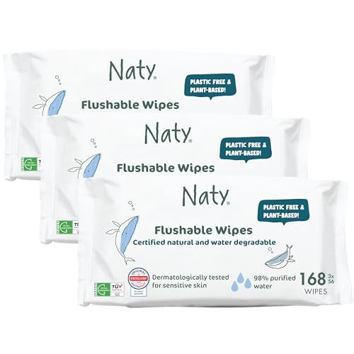 Naty Flushable Baby Wipes | 98% Water, Hypoallergenic & Natural for Sensitive Skin | Unscented, Fragrance-Free, Plant-Based | Plastic-Free, Water-Degradable | Newborn & Toddler | 168 Count (3 Packs) - Image 1