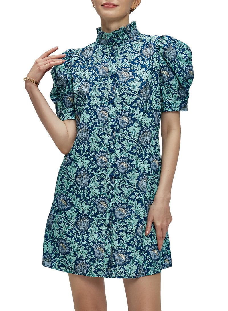 Ladyful Women's Summer Floral Dress Short Sleeve Button Down Shirt Mini Dress Ruffle Mock Neck Shift Sundress Light Purple - Image 1