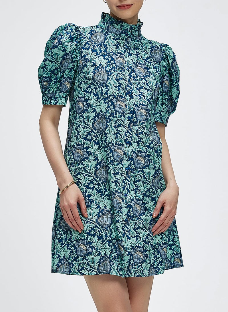 Ladyful Women's Summer Floral Dress Short Sleeve Button Down Shirt Mini Dress Ruffle Mock Neck Shift Sundress Light Purple - Image 2