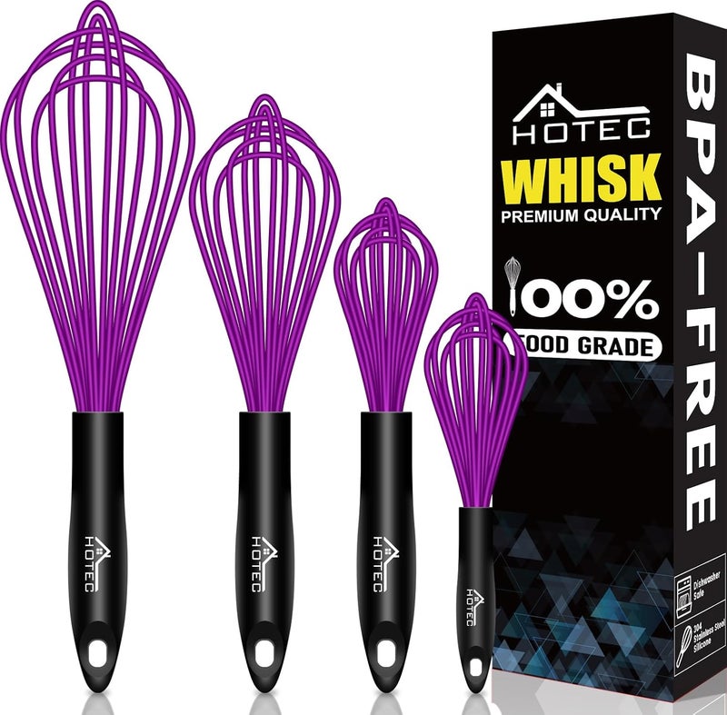 hotec 4 Pieces Silicone Whisks for Cooking, Wire Balloon Whisks Egg Beater, Non-slip Handle Whisk for Non-stick Cookware Perfect for Cooking, Stirring, Beating and Blending (Purple) - Image 1