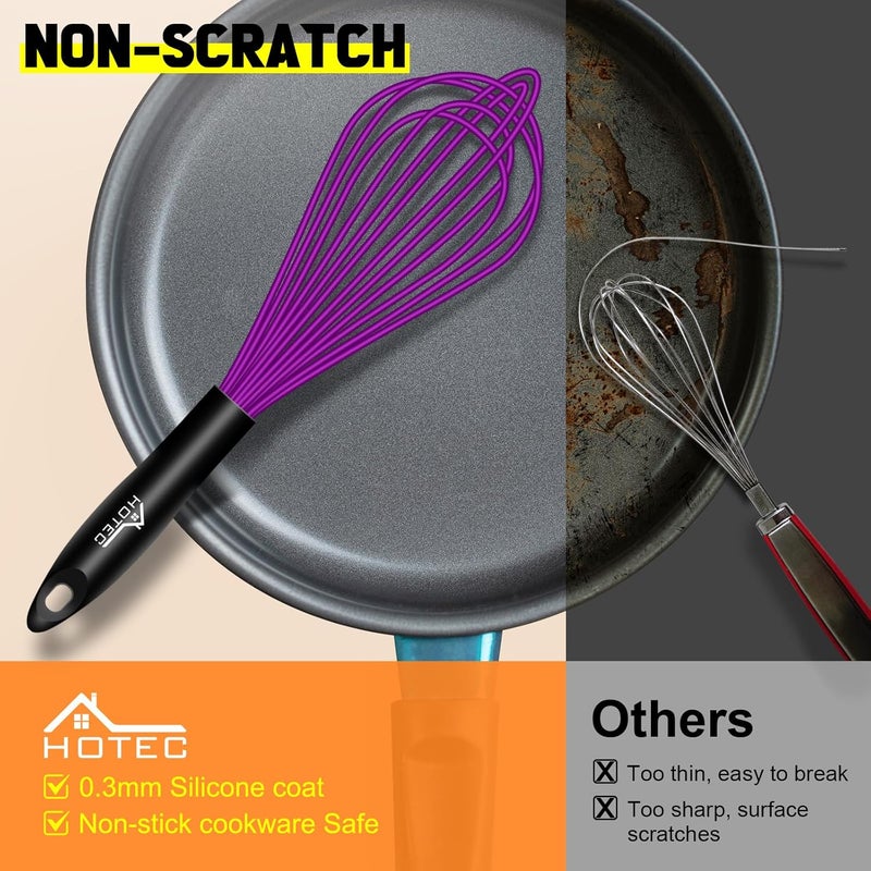 hotec 4 Pieces Silicone Whisks for Cooking, Wire Balloon Whisks Egg Beater, Non-slip Handle Whisk for Non-stick Cookware Perfect for Cooking, Stirring, Beating and Blending (Purple) - Image 4