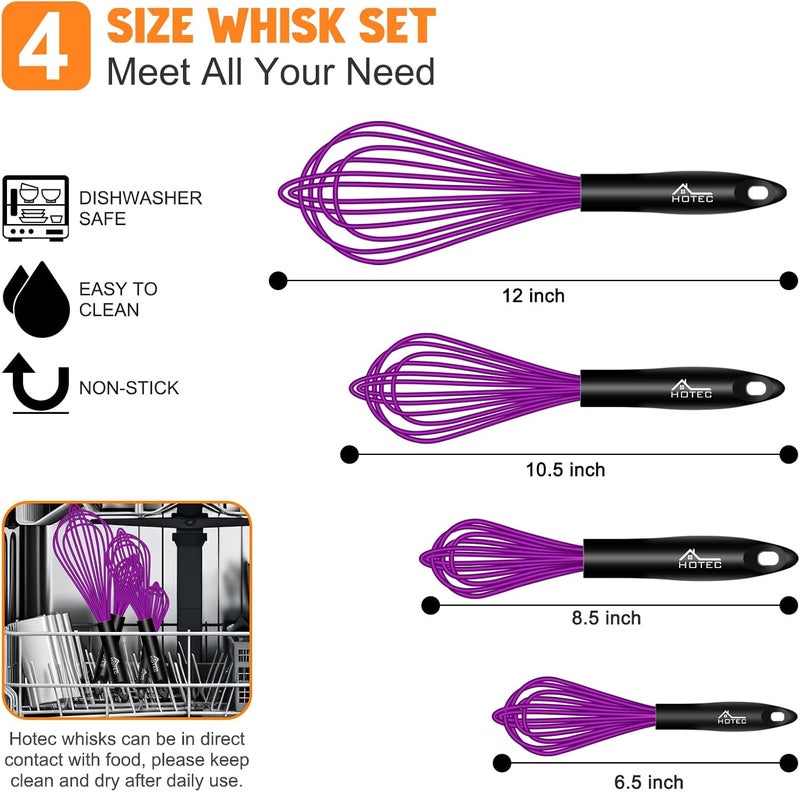 hotec 4 Pieces Silicone Whisks for Cooking, Wire Balloon Whisks Egg Beater, Non-slip Handle Whisk for Non-stick Cookware Perfect for Cooking, Stirring, Beating and Blending (Purple) - Image 3