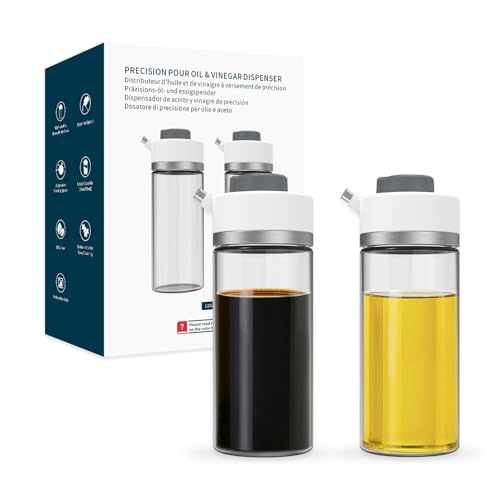 KITCHENDAO Precision Pour Glass Oil Dispenser 2Piece Set with 3 Modes DripFree Spout Two Adjustable Flow Speeds 12 oz Oil and Vinegar Dispensing Bottle 2 Pack Set for Kitchen - Image 1