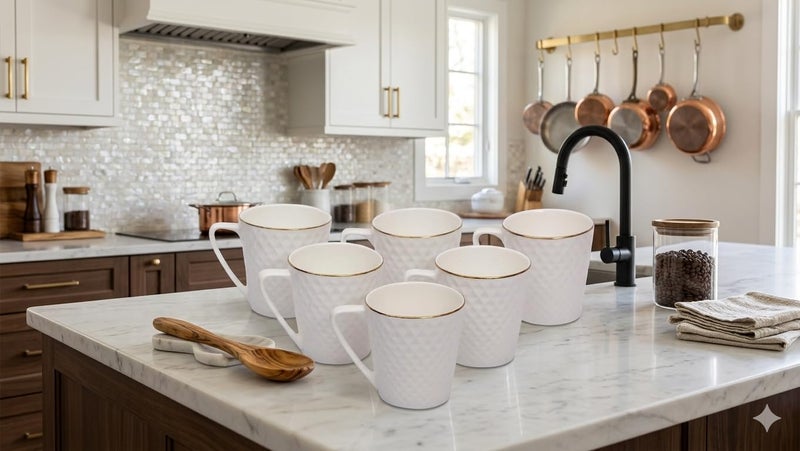 Home-Cart Casper Impression Bone China Coffee Mug Set, 6-Pieces, White - Image 4