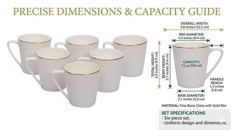 Home-Cart Casper Impression Bone China Coffee Mug Set, 6-Pieces, White - Image 2