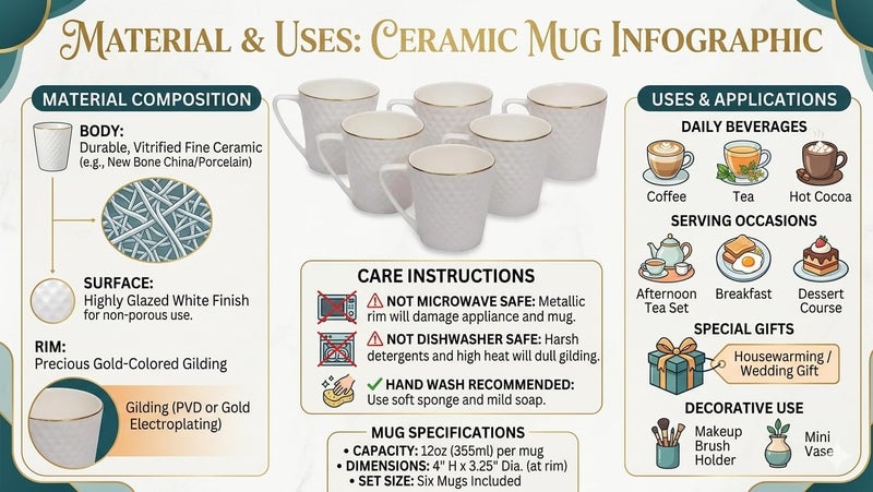 Home-Cart Casper Impression Bone China Coffee Mug Set, 6-Pieces, White - Image 3
