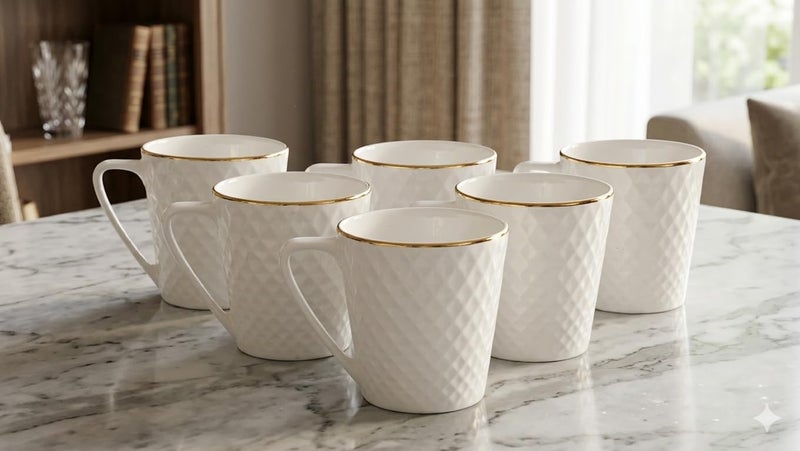 Home-Cart Casper Impression Bone China Coffee Mug Set, 6-Pieces, White - Image 1