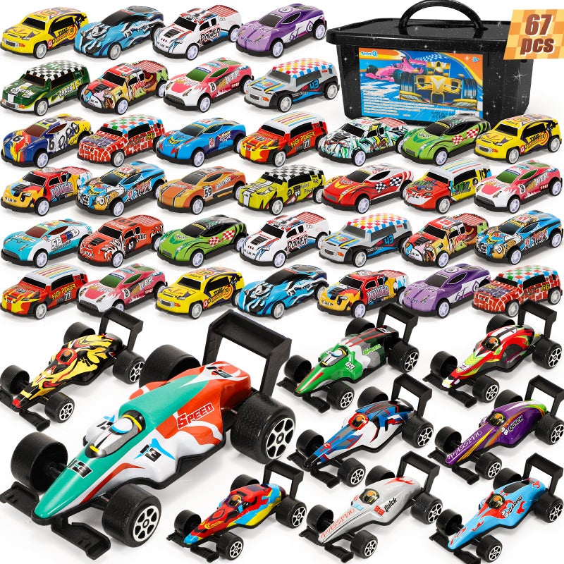 SevenQ Party Favors Toy Cars for Boys with Storage Box 67Pcs Pull Back Race Cars Bulk Treasure Box Toys for Classroom Goodie Bag Stocking Stuffers for Kids Toddler Vehicles Mini Fidget Toys - Image 3