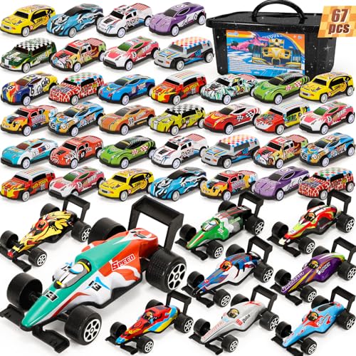 SevenQ Party Favors Toy Cars for Boys with Storage Box 67Pcs Pull Back Race Cars Bulk Treasure Box Toys for Classroom Goodie Bag Stocking Stuffers for Kids Toddler Vehicles Mini Fidget Toys - Image 1