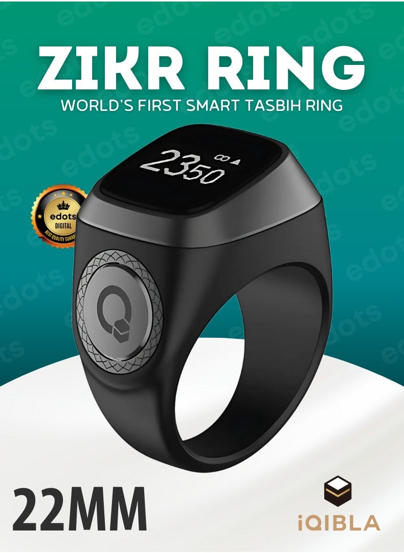 iQIBLA Smart Zikr Ring | 22 MM Prayer Counter, Tasbih Counter & Muslim Prayer Time Reminder | Waterproof Wearable Technology | Black and Gray  - Image 1