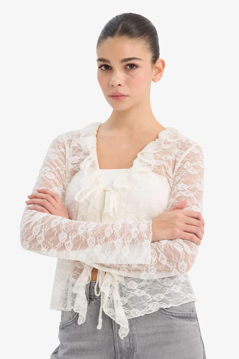 DeFacto Fitted V-Neck Lace Long Sleeve Blouse