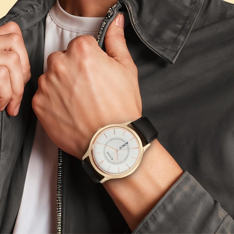 Titan Lagan White Dial Analog Day/Date Leather Strap Watch for Men-NS1845WL01/NT1845WL01 - Image 4