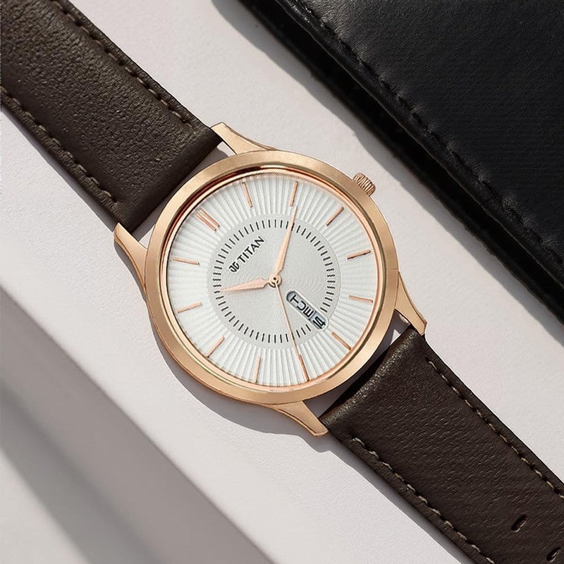 Titan Lagan White Dial Analog Day/Date Leather Strap Watch for Men-NS1845WL01/NT1845WL01 - Image 3