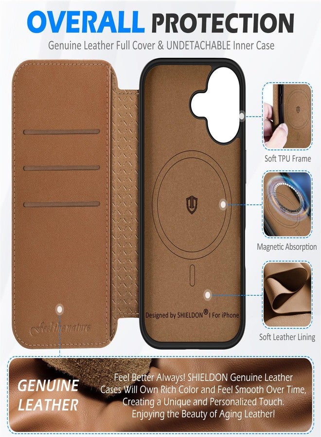 SHIELDON Slim Genuine Leather Wallet Case Compatible with iPhone 17 6.3-inch 5G 2025, Magnetic Wireless Charging, RFID Blocking, 3 Card Slots, Shock-Absorbent, Protective Flip Cover - Saddle Brown - Image 3