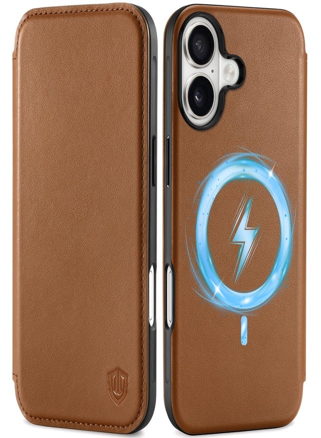 SHIELDON Slim Genuine Leather Wallet Case Compatible with iPhone 17 6.3-inch 5G 2025, Magnetic Wireless Charging, RFID Blocking, 3 Card Slots, Shock-Absorbent, Protective Flip Cover - Saddle Brown - Image 1