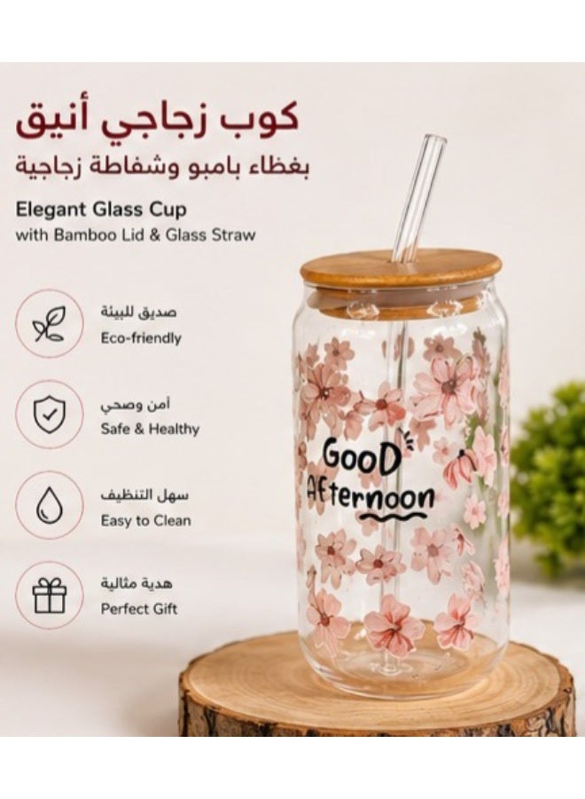 كوب زجاجي مزين بالزهور مع غطاء من الخيزران وشفاطة زجاجية، قابل لإعادة الاستخدام - Image 1