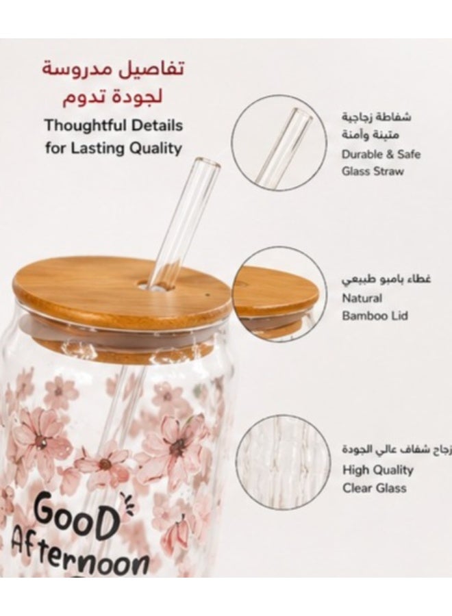 كوب زجاجي مزين بالزهور مع غطاء من الخيزران وشفاطة زجاجية، قابل لإعادة الاستخدام - Image 3