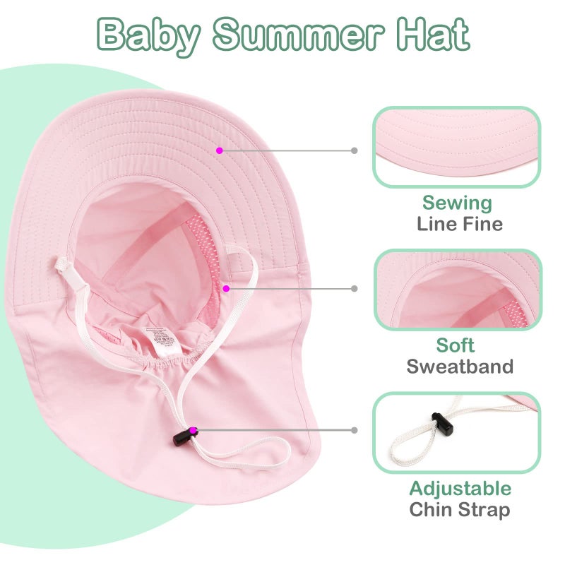 XIAOHAWANG Girls Sun Hat Baby Beach Hats Boys UPF 50+ Kids Summer Protection Cap Toddler Breathable Caps Wide Brim (6-12Months, Pink) - Image 4