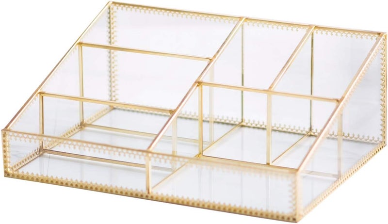 Makeup Organizer Antique Countertop Cosmetic Storage Box Glass Beauty Display Gold Spin Large Capacity Holder for Brushes Lipsticks Skincare Toner