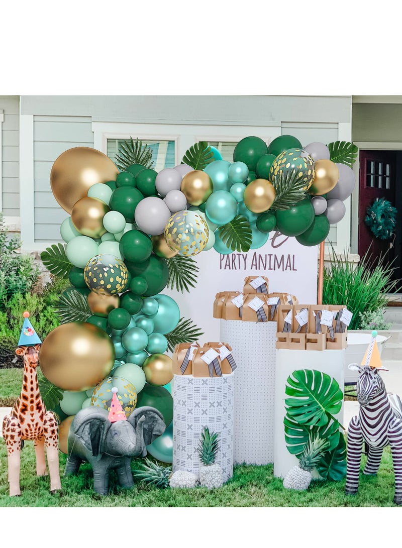Excefore طقم قوس جارلاند مكون من 121 قطعة من بالونات حفلات الغابة، باللون الذهبي والأخضر الليموني مع أوراق نخيل استوائية صناعية لتزيين رحلات السفاري مع الديناصورات - Image 1