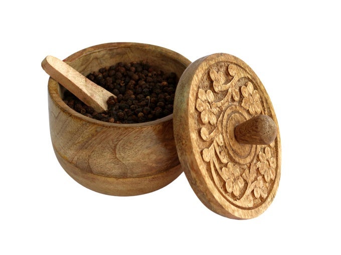 SALT PINCH BOWLS VINTAGE SALT BOX CELLAR WITH WOODEN LID WOOD SALT KEEPER SPICE BOWLS FOR COOKING SALT PEPPER TEA SUGAR COFFEE STORAGE CONTAINER FOR KITCHEN WITH TINY SPOON NATURAL MANGO WOOD