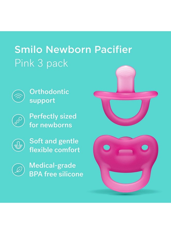Smilo Newborn Baby Pacifier - 3 Pack of Orthodontic Pacifiers for Babies from 0-2 Months - Expands to Support The Palate During Soothing - BPA-Free - Pink - Image 1